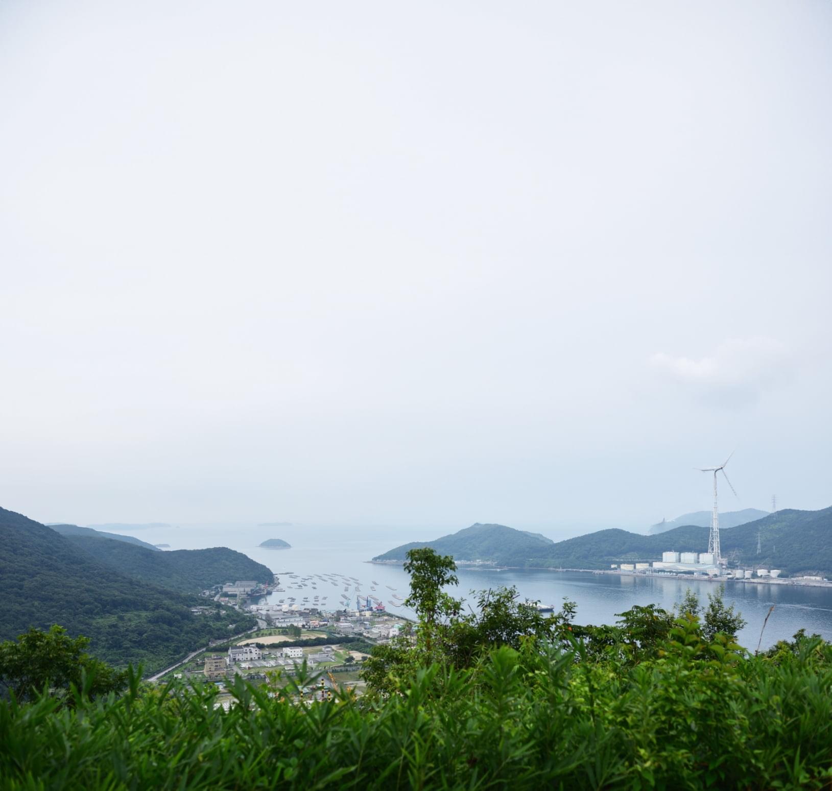 山から見下ろした街の風景。近くに海も広がっている。